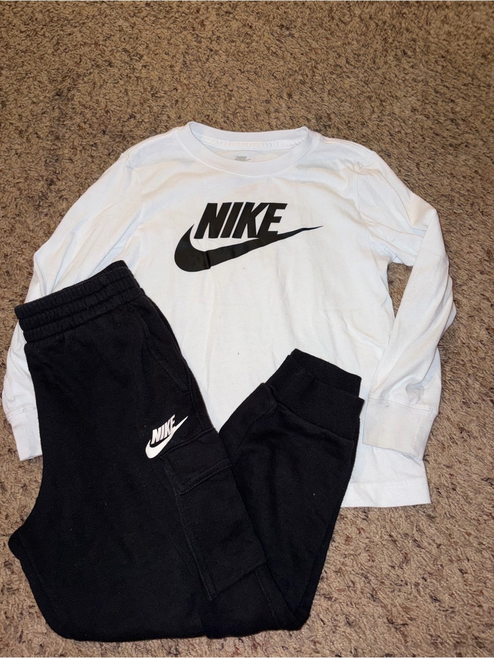 Nike White Long Sleeve Top with Black Logo and Black Joggers